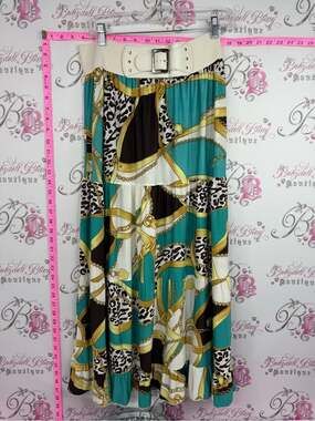 Magic skirt y2k belted rare Teal, White & Brown Chain Print Maxi Skirt